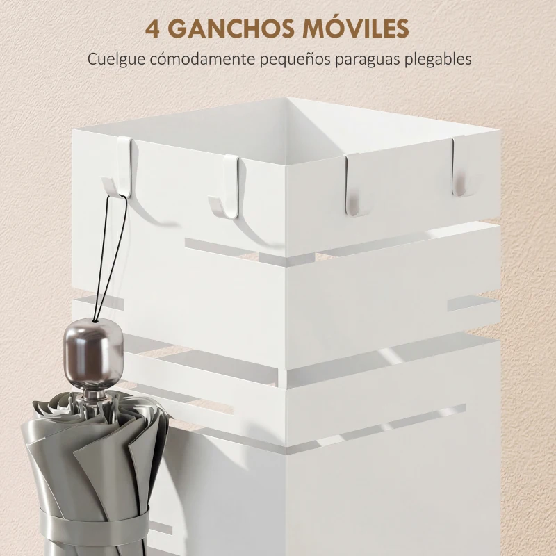 HOMCOM Paragüero Metálico con 4 Ganchos y Bandeja de Goteo Extraíble para Entrada Oficina 15,5x15,5x49 cm Blanco