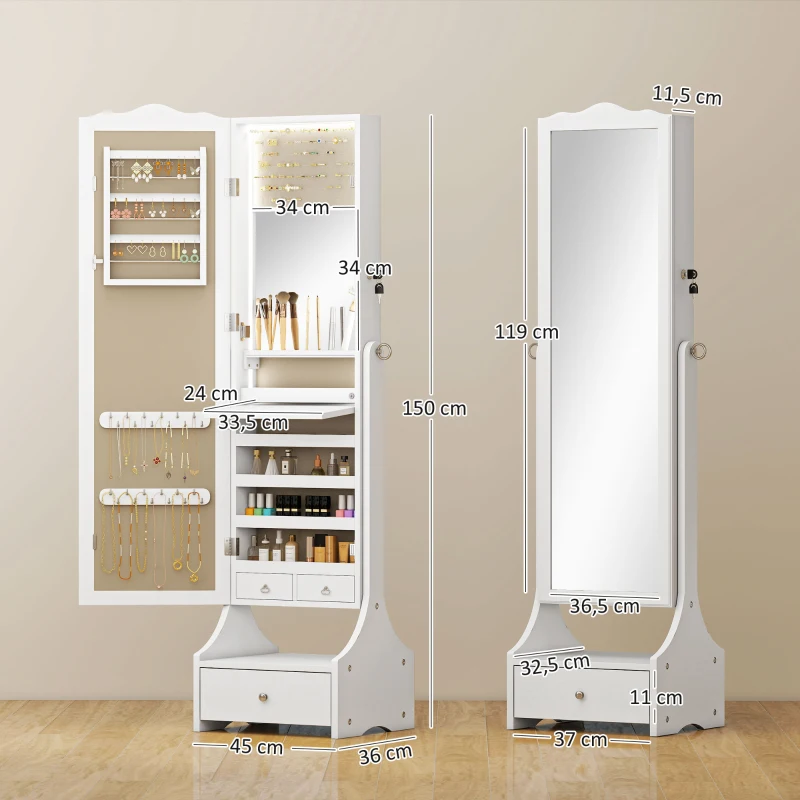 HOMCOM Espejo Joyero con Luces LED Armario Joyas con Espejo Entero de Ángulo Ajustable Cajones Mesa Interior Plegable Blanco