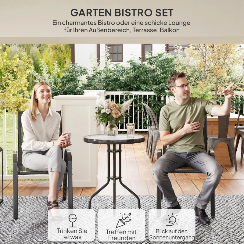 Outsunny Bistro-Set 3-teilig Wetterfest Gartenmöbel Set mit Glastisch Stapelbare Gartenstühlen Schwarz