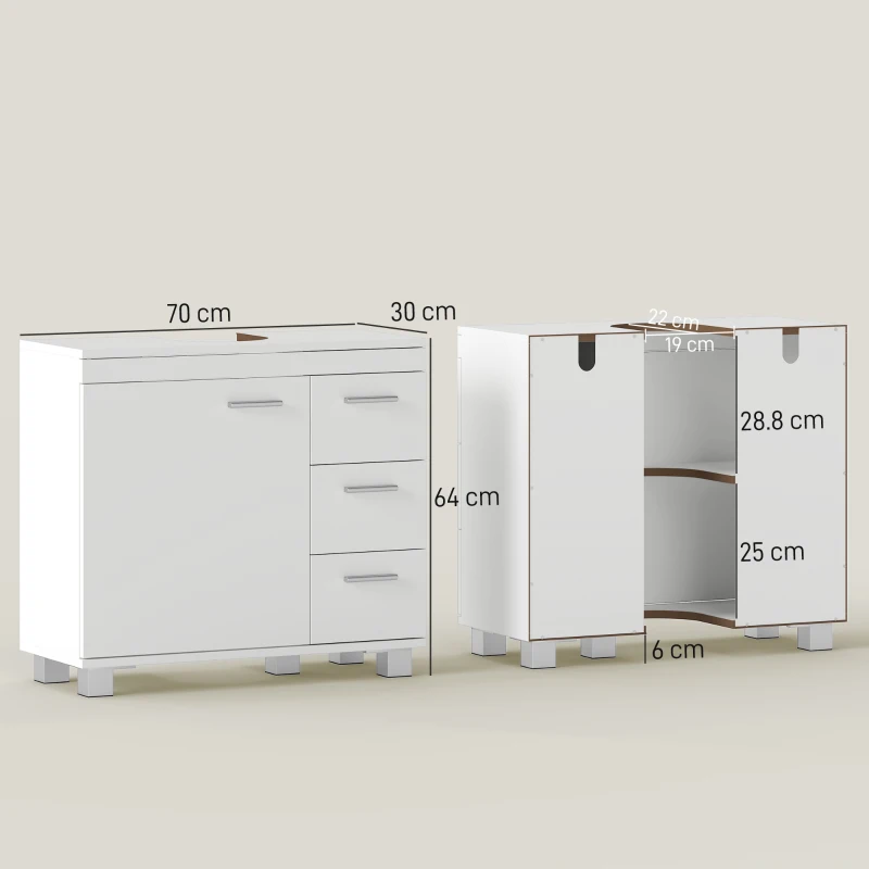 HOMCOM Dulap Sub Lavoar pentru Baie cu Ușă Amortizată și 3 Sertare, Decupaj în Formă de U și Rafturi, Dulap Modern și Compact pentru Lavoare cu Piedestal sau Fără, Alb