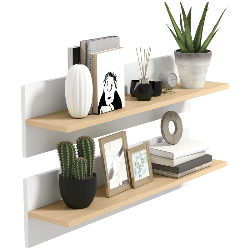 HOMCOM Set 2 Rafturi de Perete pentru Casă și Birou, Rafturi din Lemn pentru Bucătărie și Living, 80x16.5x20 cm, Alb și Lemn Natural