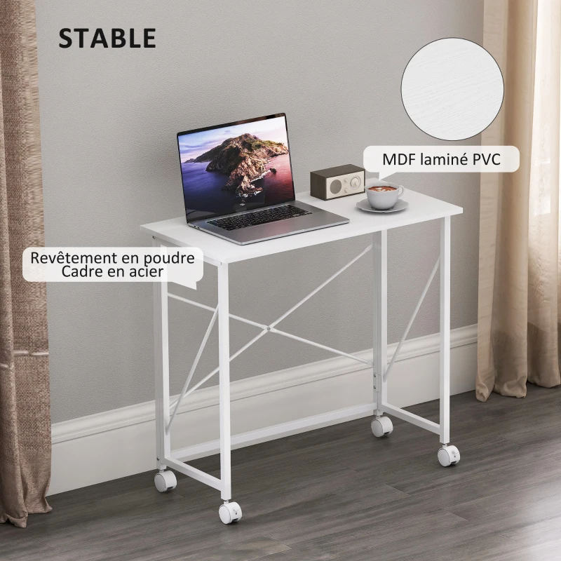 HOMCOM Bureau pliant table d'ordinateur 80 x 40 cm sur roulettes pour bureau à domicile, chambre, petits espaces, blanc