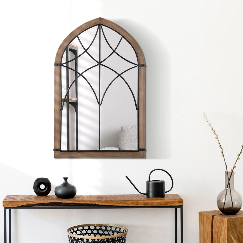 HOMCOM Specchio da Parete ad Arco con Dettagli Moderni e Ganci, in Legno e Vetro, 60x93 cm, Marrone e Nero