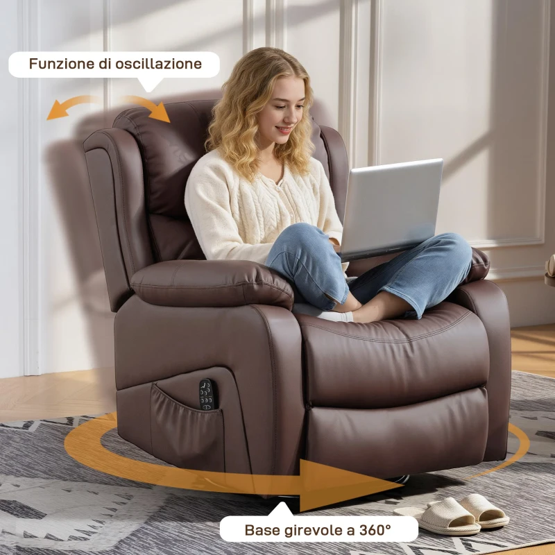 HOMCOM Poltrona Relax Reclinabile con 8 Punti Massaggianti, Riscaldanti e Poggiapiedi, 87x97X100 cm, Marrone