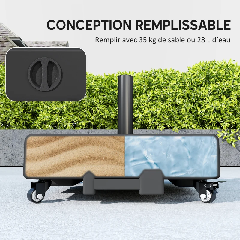 Outsunny Pied de parasol Carré, socle parasol extérieur avec roues Remplissable 35 kg Sable ou 28 L Eau, 48 x 48 x 38,5 cm, Noir