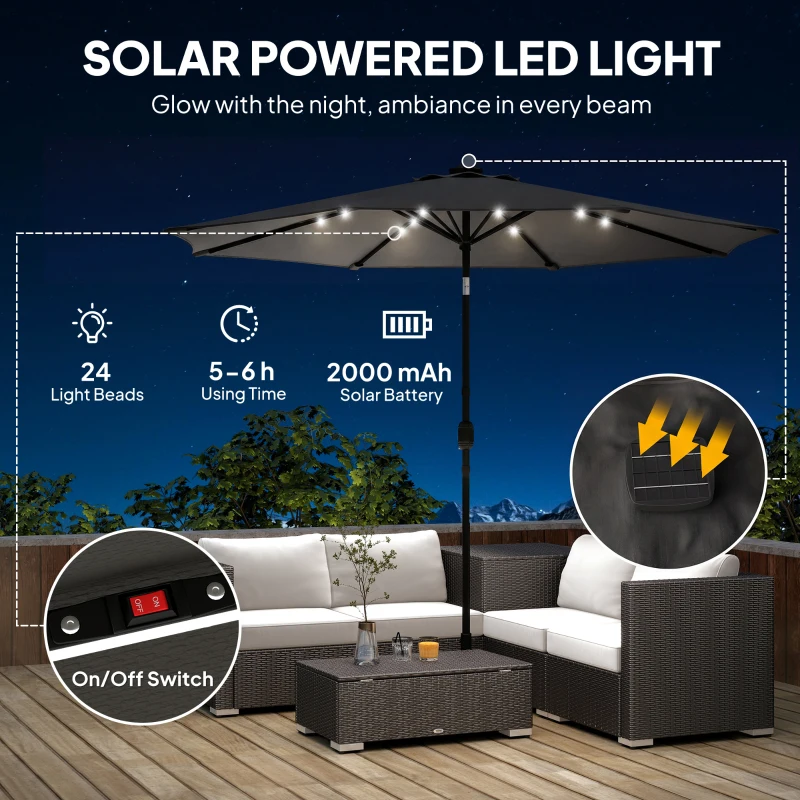 Outsunny 2.6 m Garden Parasol Umbrella with LED Solar Light, Parasol Cover, Outdoor Market Patio Umbrella, Black