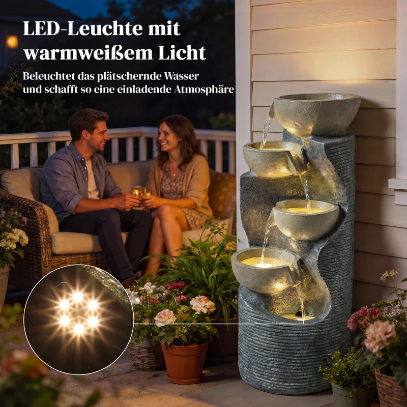Outsunny Springbrunnen 5-stufig Gartenbrunnen mit LED Beleuchtung Pumpe Steinoptik, Verstellbar 33 x 31 x 80 cm