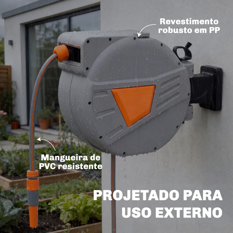Outsunny Carretel de Mangueira para Jardim 20+1,6 m com Bocal de 2 Modos Bloqueio Automático e Retracção Orientável 180° Laranja