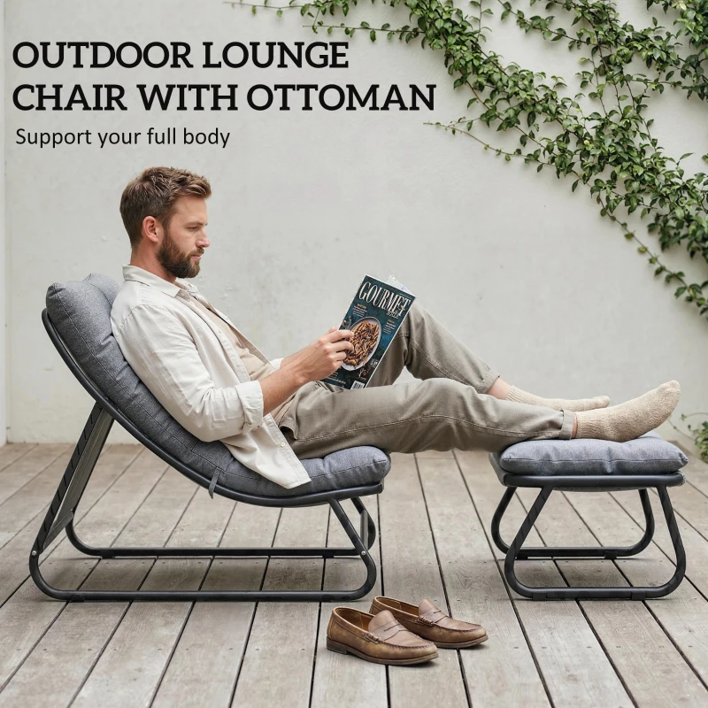 Outsunny Loungesessel Outdoor Balkonsessel met Voetenbank 13 cm dik kussen antislip voeten Donkergrijs
