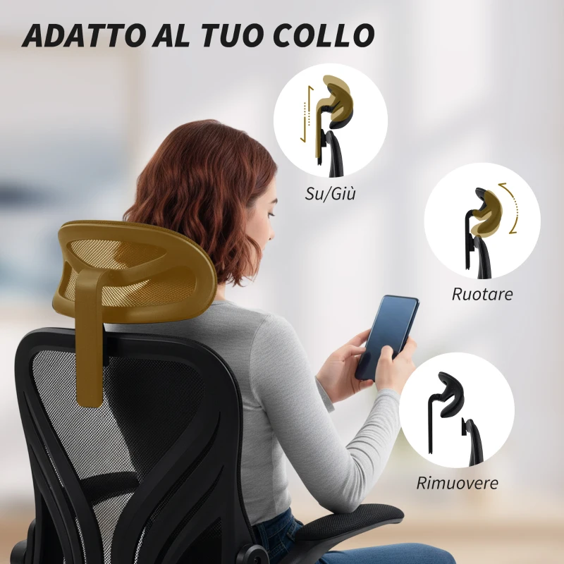 HOMCOM Sedia da Ufficio Ergonomica con Braccioli Ribaltabili, Supporto Lombare e Poggiatesta Regolabile, Nero