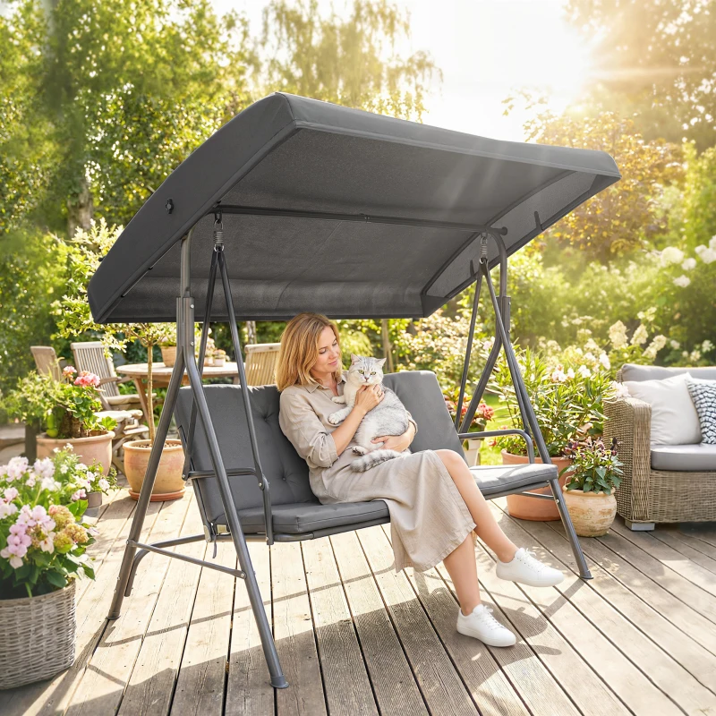 Outsunny 3 Seater Garden Swing Chair, Patio Rocking Bench with Tilting Canopy, Removable Cushion and Steel Frame, Dark Grey