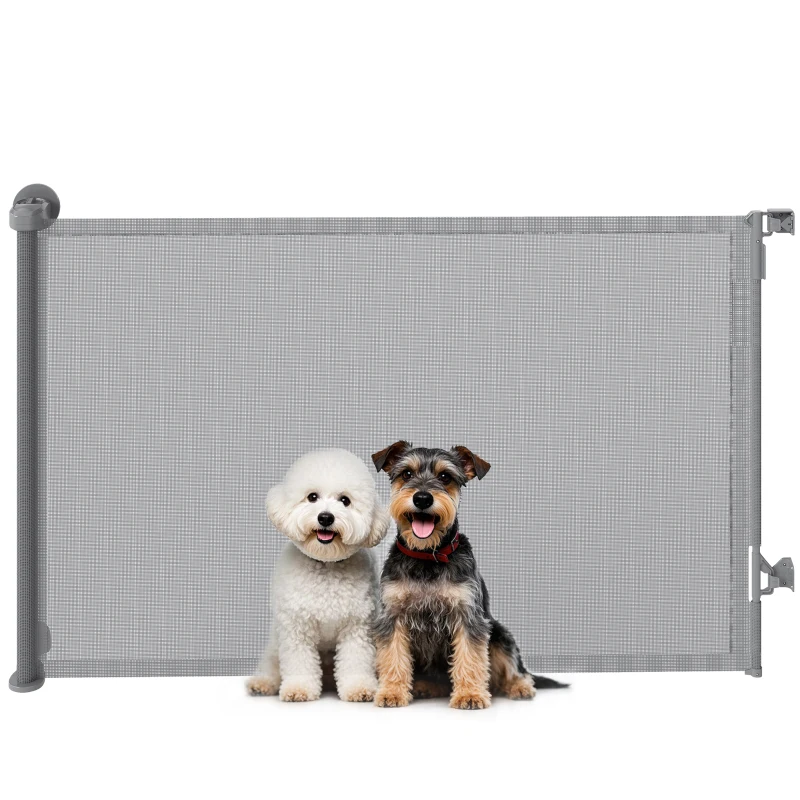 PawHut Retractable Dog Gate, Extends to 140 cm Wide & 93 cm Tall, Mesh Pet Gate with Single Hand Operation, for Stairs Doorways
