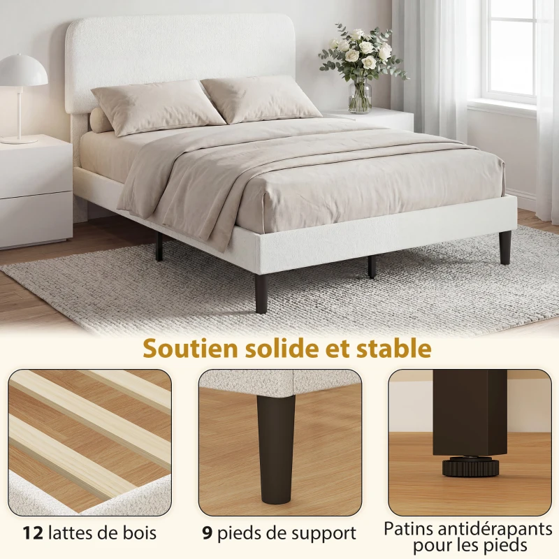 HOMCOM Cadre de Lit 140x190cm avec Sommier, Tête de Lit Réglable, Lit Double Rembourré en Velours Teddy, Lattes en Métal, Blanc