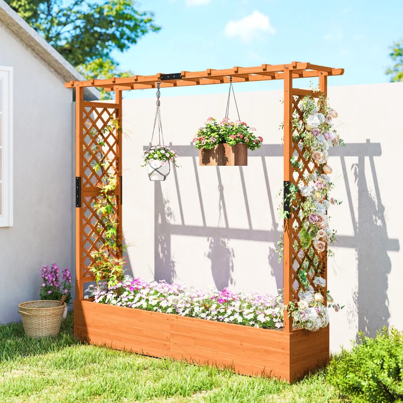 Outsunny Hochbeet mit Rankengitter und Dach, für Blumen, Obst, Gemüse, Kräuter, 196 x 44 x 181 cm, Holz, Orange