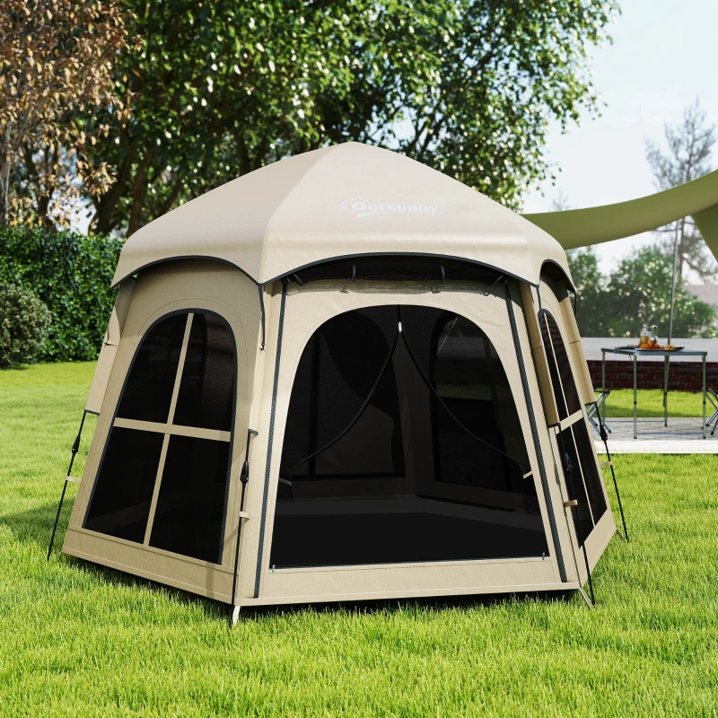 Outsunny Pop Up Tent 3000mm Waterproof Instant Camping Tent 3-4 Person with 2 Doors 4 Windows Khaki