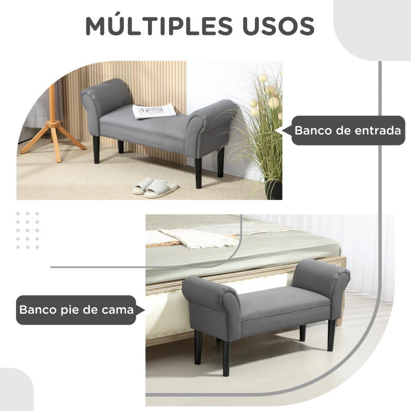 HOMCOM Banco Pie de Cama Tapizado en Lino Sintético con Patas de Madera Reposabrazos y Asiento Acolchado Gris Oscuro
