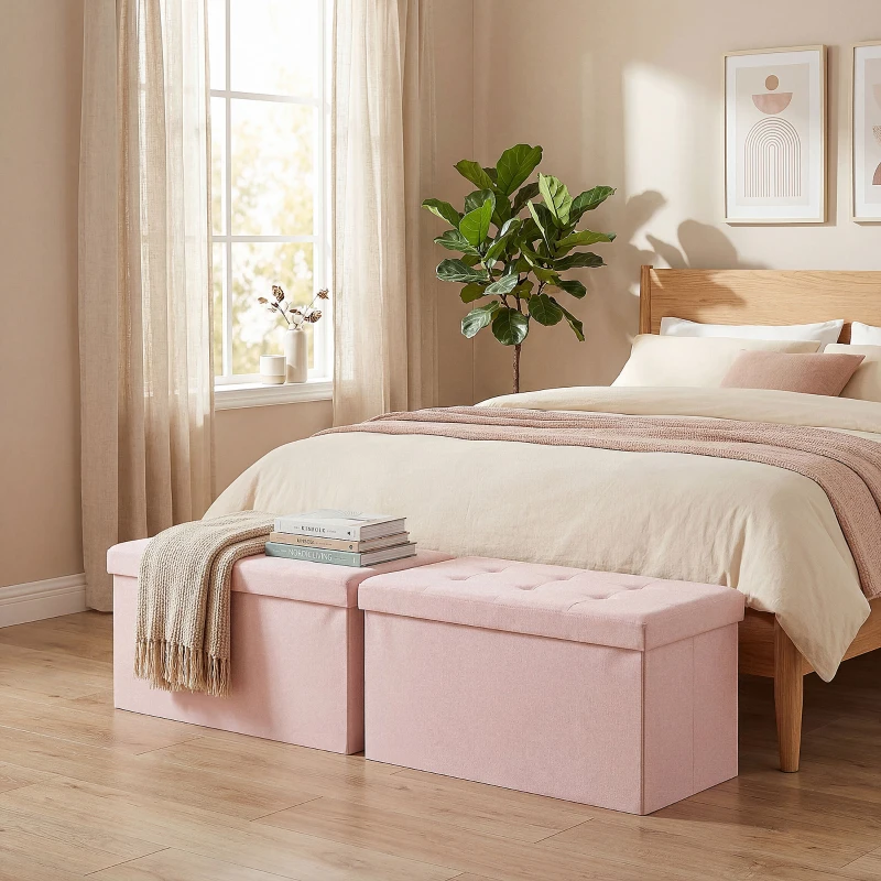 HOMCOM Puff Almacenaje, Banco Almacenaje Plegable 84 L 76x38x38 cm Tapizado en Lino Sintético Baúl de Almacenamiento Rosa