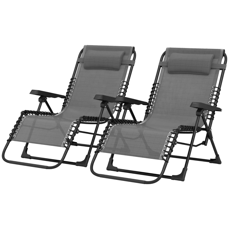 Outsunny Set 2 lettini pieghevoli in textilene con poggiatesta, 90x65x112 cm, Grigio