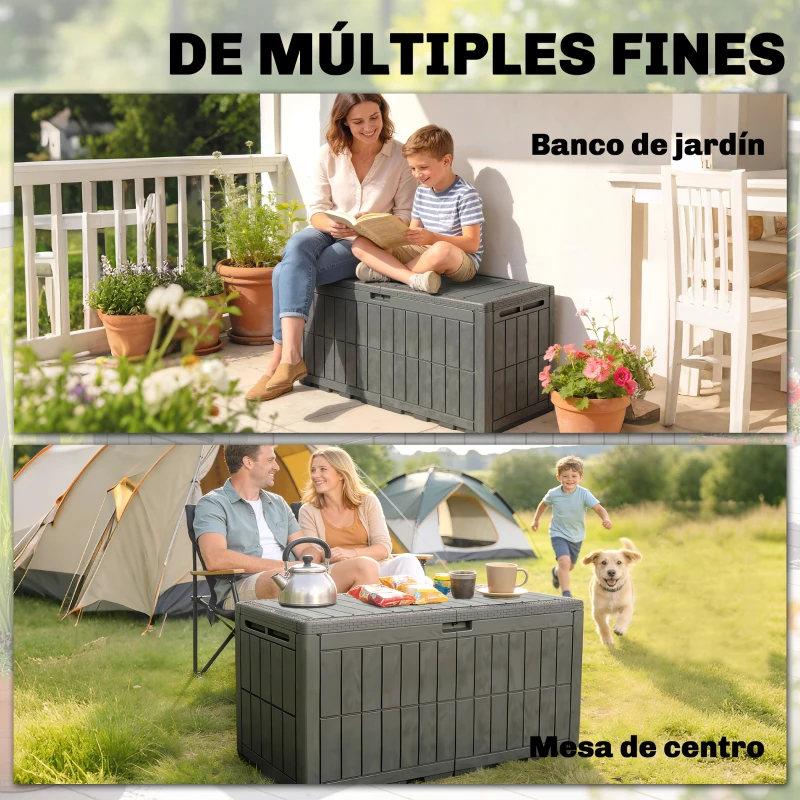 Outsunny Coffre extérieur capacité 440 L en résine résistant à l'eau et aux UV avec couvercle verrouillable vérins à gaz Café
