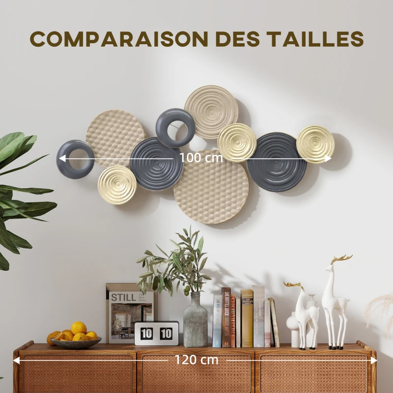 HOMCOM Décoration murale en métal, sculpture murale en métal, design unique à plusieurs disques, 100 x 50 cm, kaki et noir