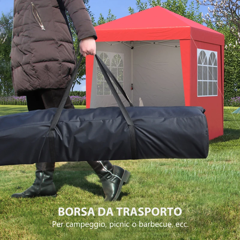 Outsunny Gazebo da Giardino Pop-up Pieghevole Regolabile in Altezza Protezione UV 30+, 3 Pareti Laterali, Rosso