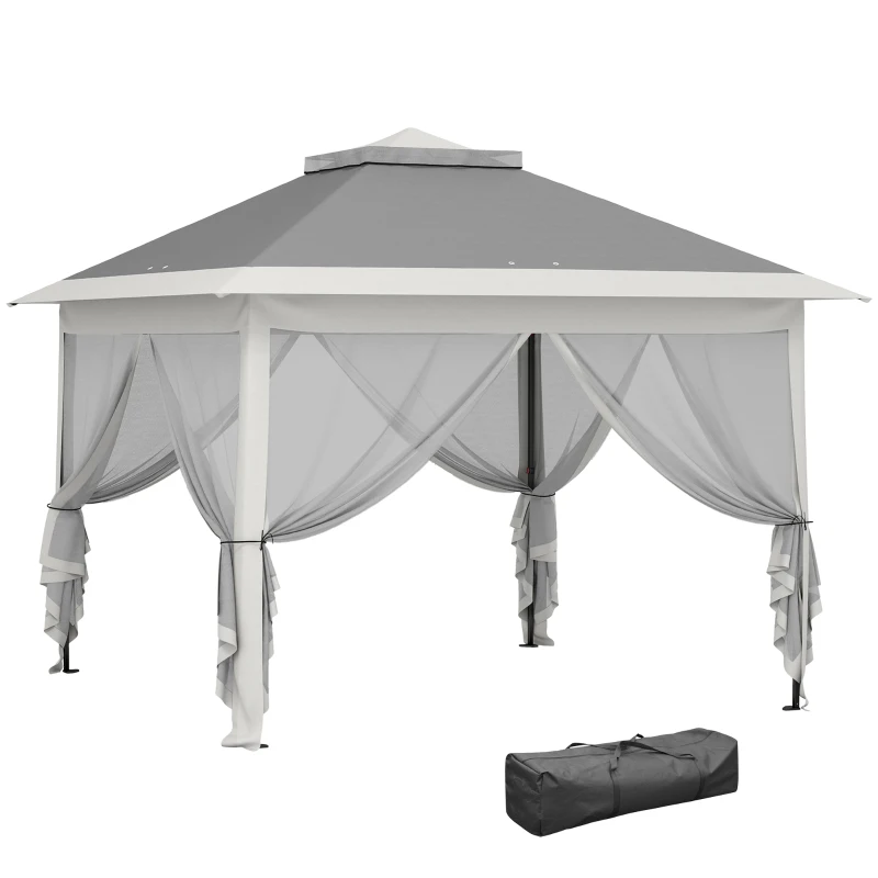 Outsunny Faltpavillon, Gartenpavillon, Metall und Stoffplane, Netzvorhänge, Entwässerungslöcher, 330L x 330B x 288H cm, Grau