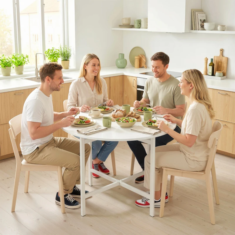 HOMCOM Table à manger pliante, table de cuisine ronde Ø 80 cm pour 4 personnes avec 2 abattants, pieds en acier, blanc
