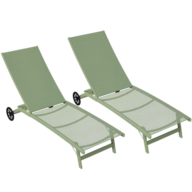 Outsunny Set 2 lettini prendisole in alluminio e textilene con ruote, Verde