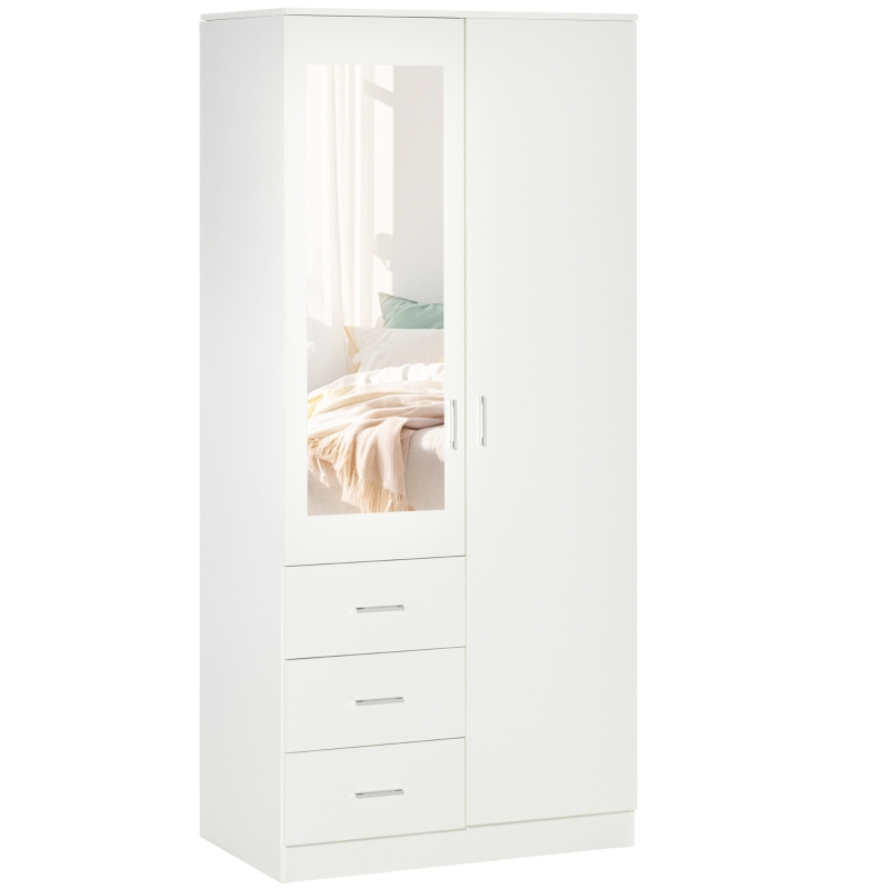 HOMCOM Armadio Moderno Guardaroba 2 Ante con Specchio e 3 Cassetti, Mensole Regolabili e Barra Appendiabiti, 80x50x180cm, Bianco