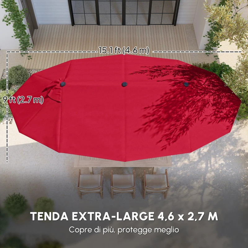 Outsunny Ombrellone da Giardino XXL 4,6L x 2,7l x 2,4H cm con Base a Croce, Apertura e Chiusura con Manovella, Acciaio e Poliestere ad Alta Densità, Rosso Bordeaux