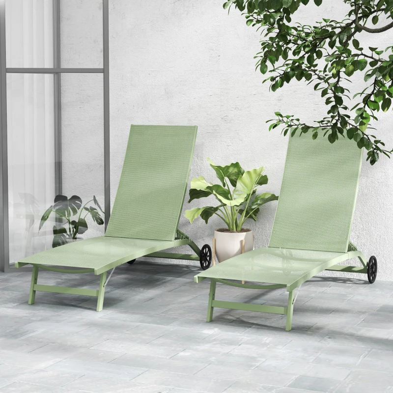 Outsunny Set 2 lettini prendisole in alluminio e textilene con ruote, Verde