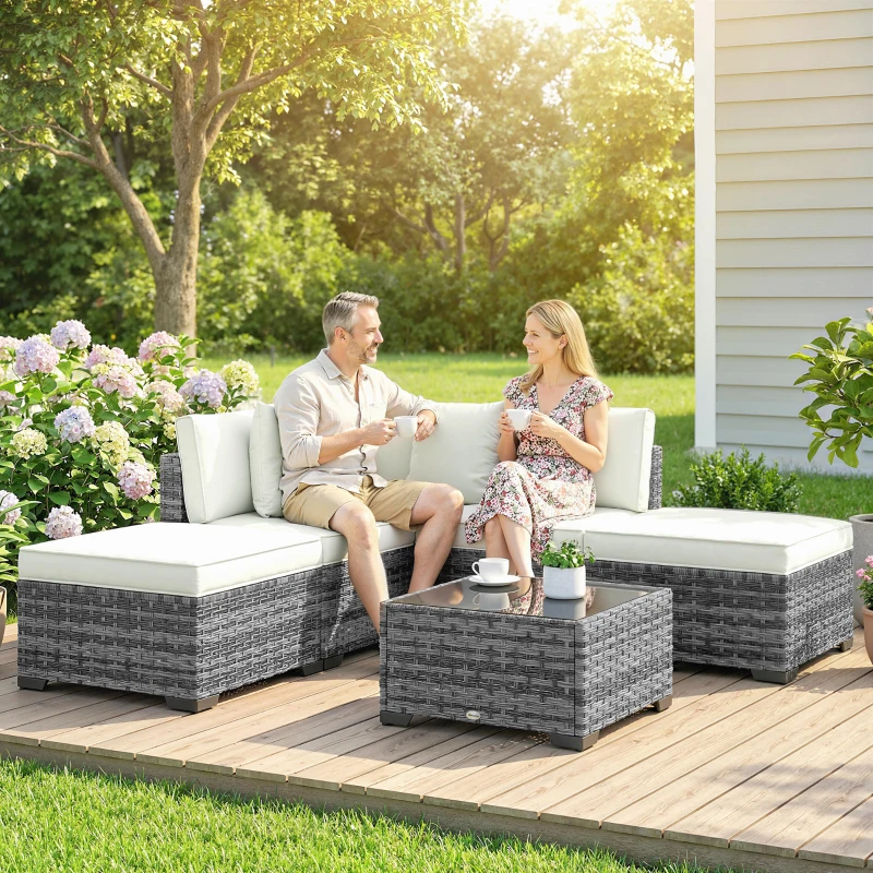 Outsunny Set Mobilier de Grădină din Ratan, 6 Piese, Fotoliu Colțar, Canapele fără Brațe, Suporturi pentru Picioare și Măsuță, Gri Amestecat