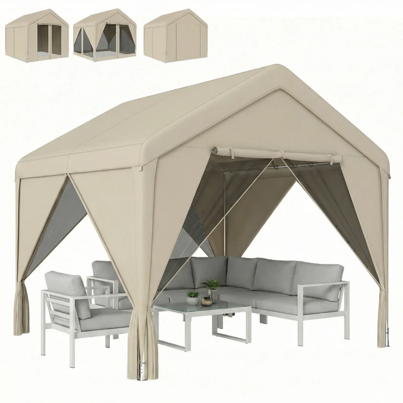 Outsunny 3 x 3 m Patio Gazebo with Netting & Curtains, Outdoor Canopy Shelter with Galvanised Steel Frame, Khaki