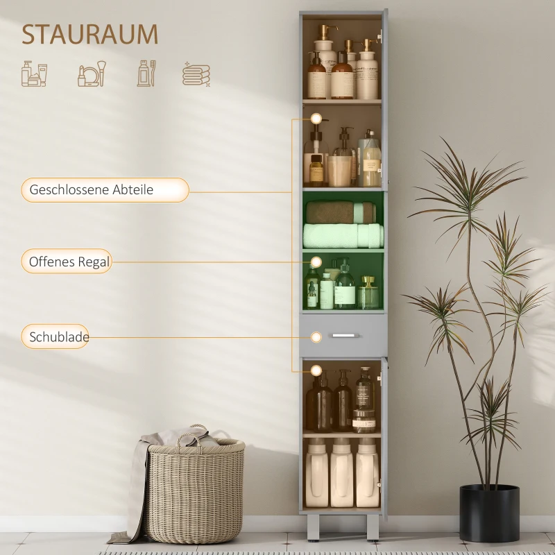 kleankin badkamerkast, ladekast voor badkamer, met planken en lade, verstelbaar, grijs