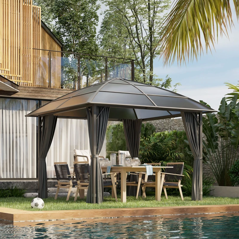 Outsunny Gazebo da Giardino con Struttura in Alluminio, Tetto in Policarbonato, Impermeabile UV 60+, Pareti laterali 3 x 3 m, Grigio Scuro