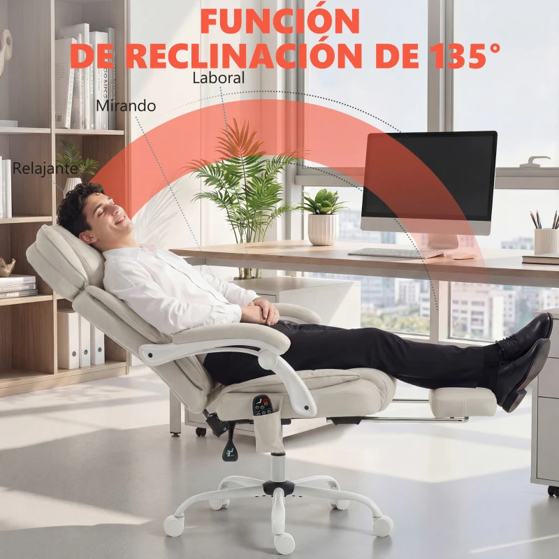 HOMCOM Silla de Escritorio Reclinable con Masaje Vibratorio de 6 Puntos Calor Lumbar Reposacabezas Ajustable Reposapiés 70x75,5x122,5 cm Crema