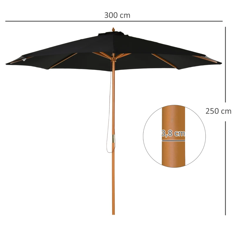 Outsunny Sombrilla Terraza Exterior Ø300 cm Sombrilla de Jardín con Sistema de Polea Techo Ventilado y Poste Desmontable de Madera Parasol para Patio Terraza Negro