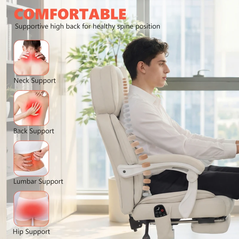 HOMCOM Wysokie krzesło biurowe z masażem wibracyjnym i podgrzewaniem, ergonomiczne, regulowane, z podnóżkiem, kremowobiały
