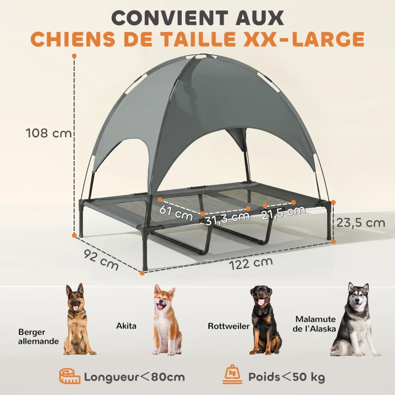 PawHut Lit chien sureleve avec parasol, lit de camp chien chat sur pieds tissu Oxford respirant, anti-UV cadre en métal sac de transport inclus couchage extérieur pour chat 122 x 92 x 108 cm gris noir