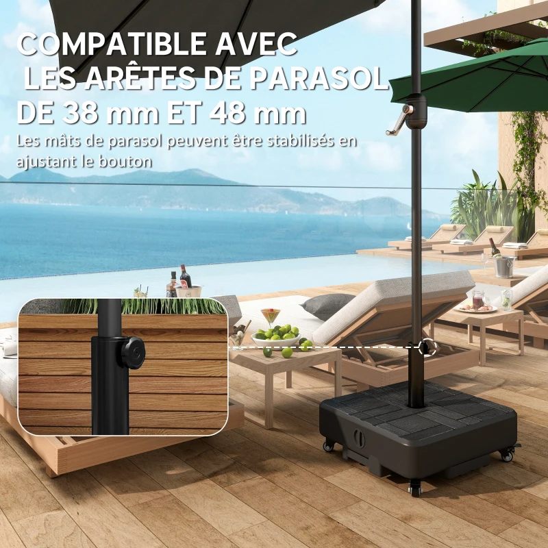 Outsunny Pied de parasol Carré, socle parasol extérieur avec roues Remplissable 35 kg Sable ou 28 L Eau, 48 x 48 x 38,5 cm, Noir