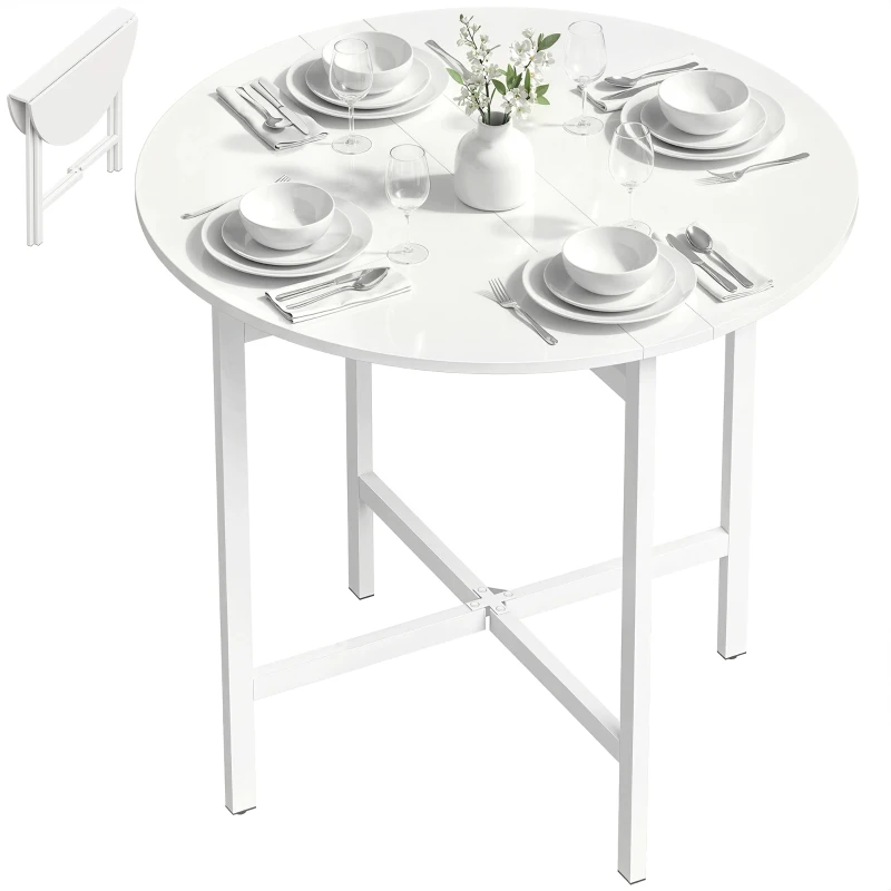 HOMCOM Mesa de comedor plegable, mesa de cocina redonda Ø 80 cm para 4 personas con 2 alas abatibles, patas de acero, blanco