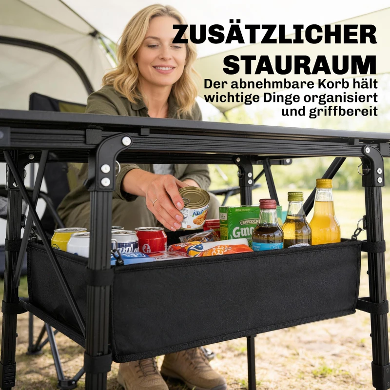 Outsunny Campingtisch mit Aufbewahrungskorb, höhenverstellbar, faltbar, Aluminium, Schwarz