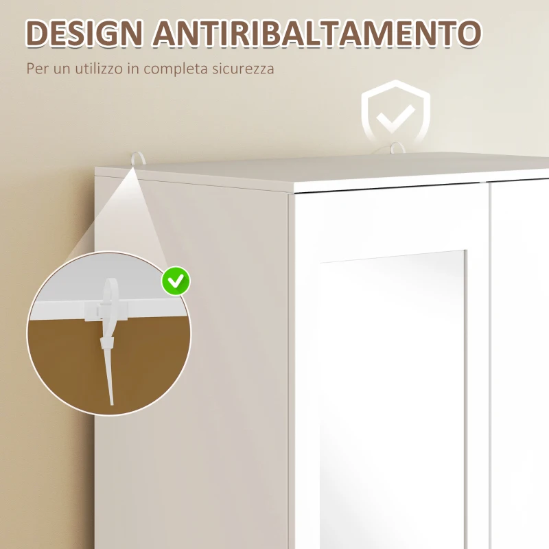HOMCOM Armadio Moderno Guardaroba 2 Ante con Specchio e 3 Cassetti, Mensole Regolabili e Barra Appendiabiti, 80x50x180cm, Bianco