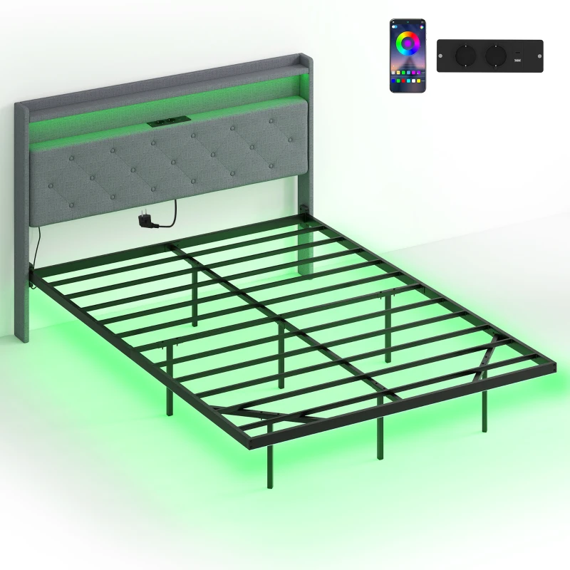 HOMCOM Telaio letto 140x190 cm con rete a doghe, LED RGB e stazione di ricarica, Grigio