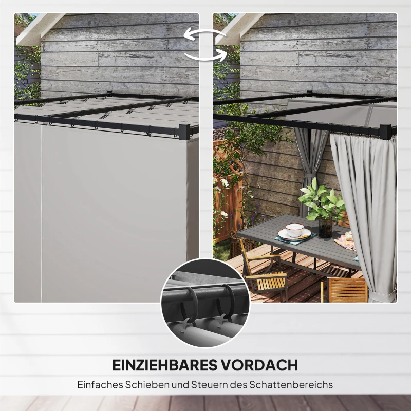 Outsunny Pergola 3 x 3 m Freistehend Terrassenüberdachung mit Schiebedach, 4 Seitenwände UV-beständig Hellgrau