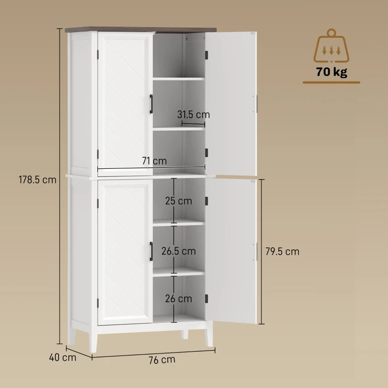 HOMCOM Bufet înalt bucătărie 6 nivele, dulap de bucătărie, 4 uși cu model chevron și 4 rafturi reglabile, 76x40x178,5cm, alb
