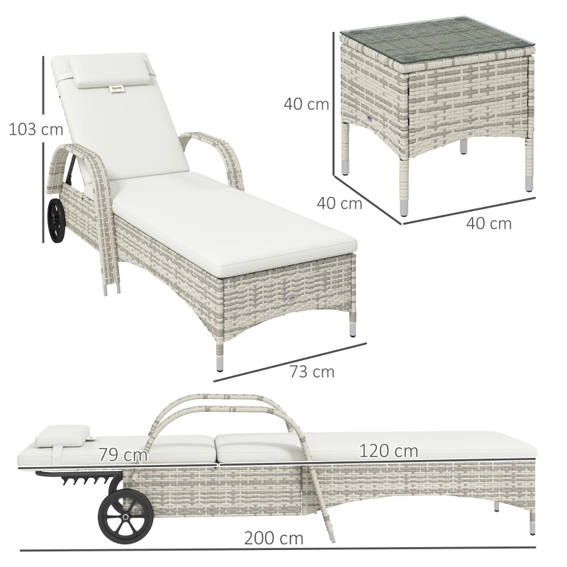 Outsunny Set 2 lettini prendisole con materasso e tavolino in vetro, Crema