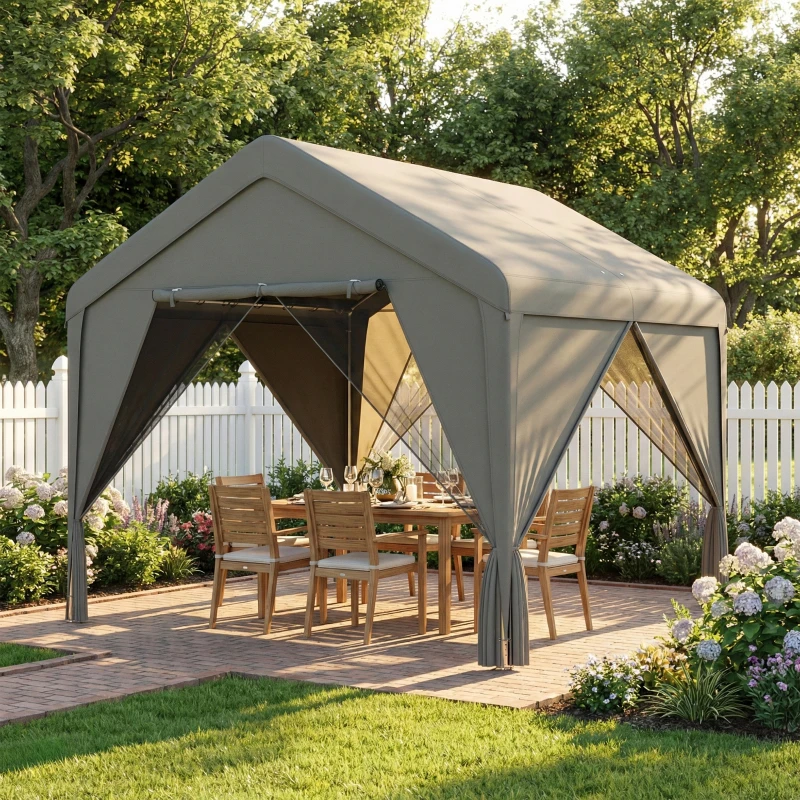 Outsunny 3 x 3 m Patio Gazebo with Netting & Curtains, Outdoor Canopy Shelter with Galvanised Steel Frame, Dark Grey
