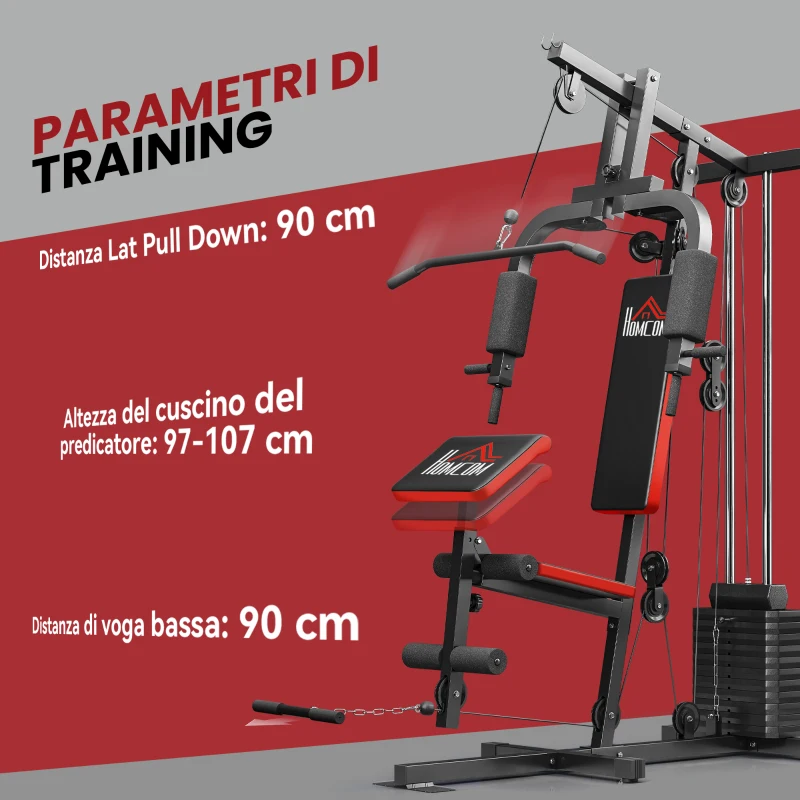 HOMCOM Power Tower Stazione Fitness Pesi 65kg, 135x103x210cm, Nero Rosso