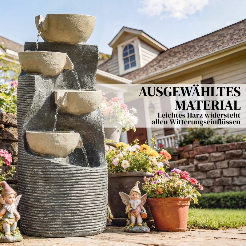 Outsunny Springbrunnen 5-stufig Gartenbrunnen mit LED Beleuchtung Pumpe Steinoptik, Verstellbar 33 x 31 x 80 cm